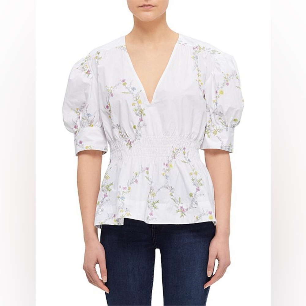 GANNI Oversized Cotton Poplin Short Sleeve Floral Top - Size 36/ Size 4-6